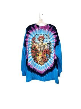 Grateful Dead Liquid Blue Tie-Dye Long Sleeve Shirt Skeleton & Roses Graphic 2XL